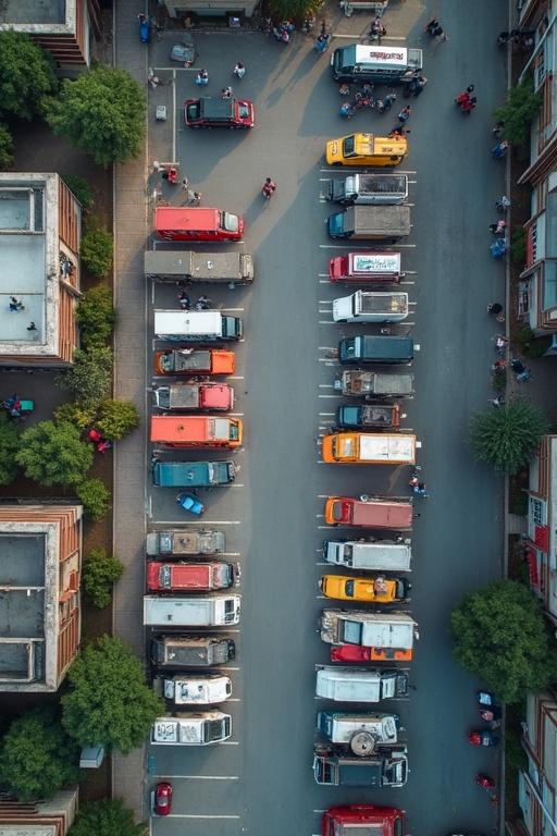 Aerial view showing multiple food trucks parked in trapezium parking lot. Defined parking spaces and roads connecting various structures. Busy street with pedestrians.