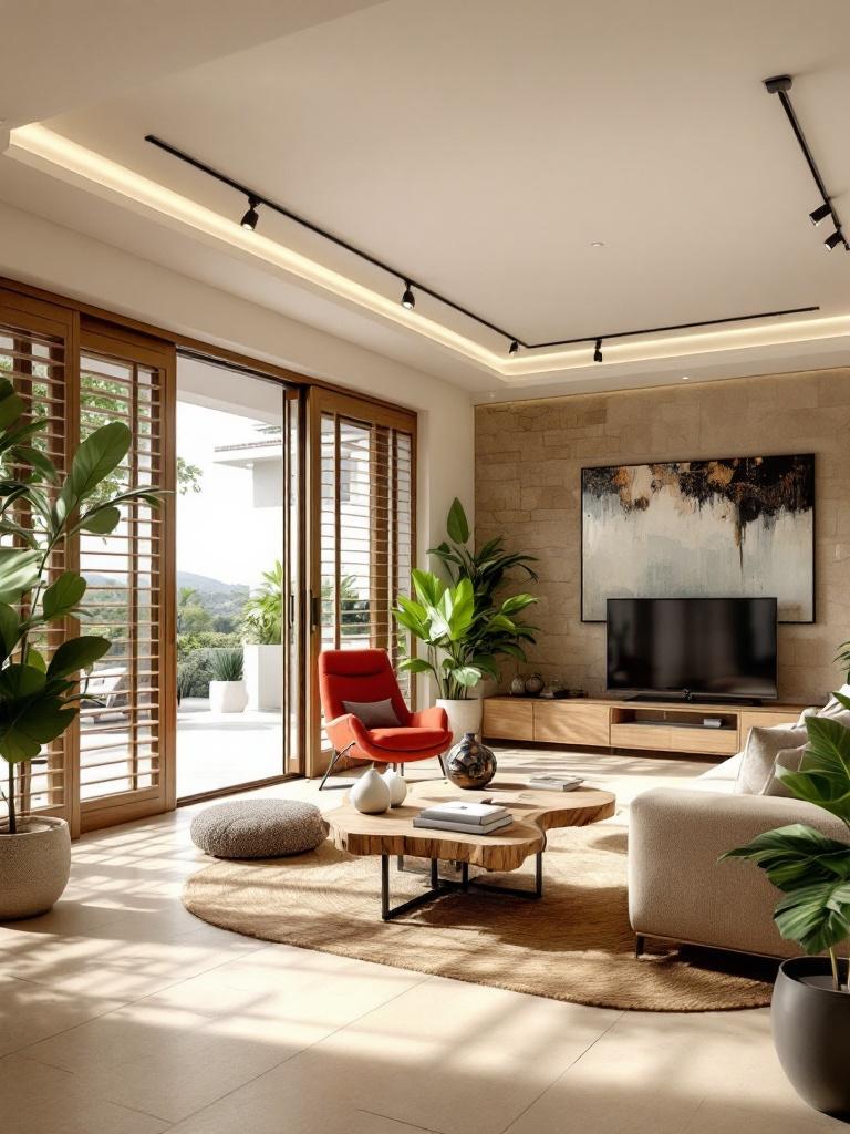 Image displays a modern living room. The room has beige floor tiles and large glass doors with wooden louvered doors. The area is filled with natural light. The overall color scheme is neutral. A unique coffee table crafted from a wooden log is present. The table is adorned with books, a white ceramic vase, and a black and brown ceramic art piece. Lush green plants add vibrancy. A red chair serves as an accent piece. A large TV is mounted on a stone-cladded wall with a wooden console below. The ceiling is equipped with track lights and recessed lighting. A beige sofa with matching cushions enhances comfort, and an abstract painting hangs on the wall, adding to the artistic ambiance.