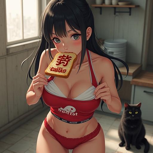 A young Japanese woman wearing gym clothes holds up a slice of bread with art. A black cat stands in the background. The setting is bright with vibrant colors. The characters and objects are highly detailed.