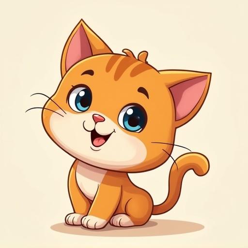 Create a cute little cat in Pixar style. The cat is orange with stripes. It has big blue eyes and a cheerful smile. The background is simple and light.