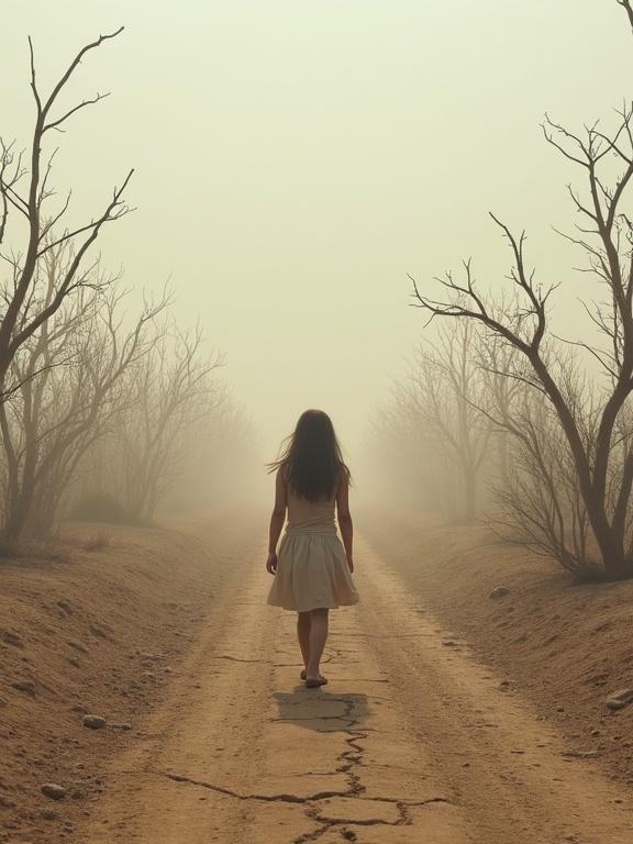 A girl walking alone in a dry desert. Cracked ground surrounds her. Leafless trees line the path. Atmosphere is dusty and muted. Wide view emphasizes isolation.