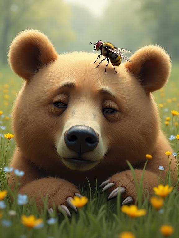 A hyper realistic macro image of a caricature of the face of a bear trying to sleep in a meadow with a fly buzzing around his head. The bear regards the fly lazily and irritatedly with one eye open.