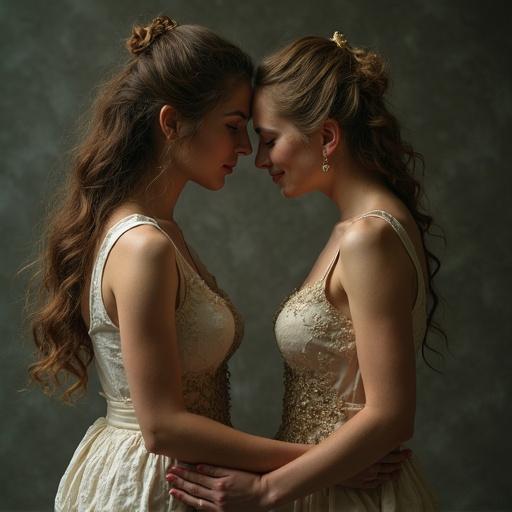 Two women are closely positioned with soft lighting. They have an artistic, elegant appearance. Expressions suggest tension or rivalry. They are dressed in similar outfits with intricate details.