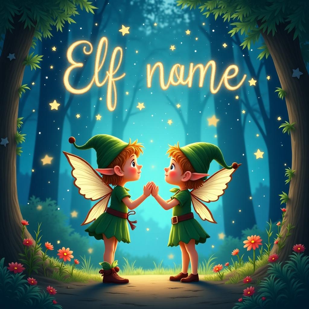 This enchanting illustration features two elf children standing in a magical forest. They are holding hands and gazing at each other with joyful expressions. Their outfits are vibrant green, complete with pointy hats and delicate wings. Above them, the phrase 'Elf name' is written in sparkling letters against a dreamy blue background. Surrounding them, flowers and soft light enhance the whimsical atmosphere. The scene evokes a sense of wonder and fantasy, perfect for capturing the imagination of children.