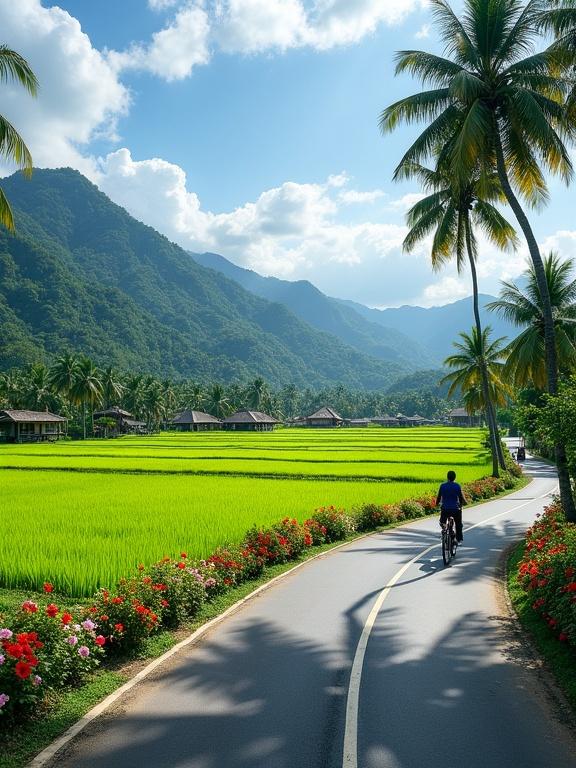 Scenic tropical landscape with a winding paved road. Road curves through vibrant green rice paddies. Flower beds of red, pink, and white flowers flank the road. Tall coconut palms are scattered throughout. Traditional huts with thatched roofs appear in the distance. Mountains covered in greenery are visible. A person rides a bicycle on the road. Sky is bright blue with white clouds.