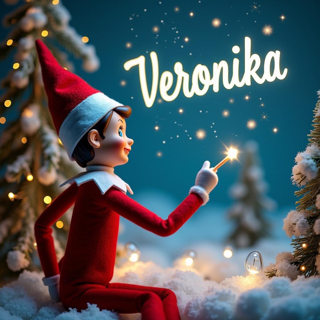 Elf character wearing red outfit. Scene with Christmas theme. Elf writes name with magic wand. Name in the sky says Veronika.