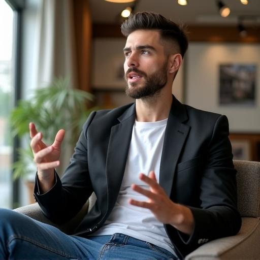 Stylish man in his 30s with trimmed beard and modern haircut wearing a blazer jeans t-shirt. He is sitting on a chair in a trendy real estate showroom. Man is gesturing while talking. Energetic expression with natural lighting. The background is slightly blurred.