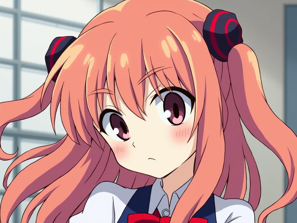 Anime art of a character with long pink hair wearing a school uniform. Character has large expressive eyes and is depicted with a serious expression. Background features a school-like environment.