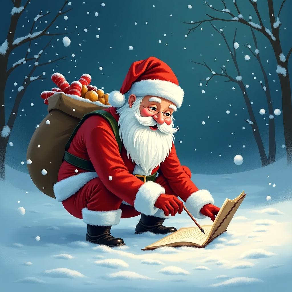 A charming illustration of Santa Claus kneeling in the snow, diligently writing in a large book. He has a big red sack filled with gifts slung over his shoulder. The setting is a serene winter landscape, with softly falling snowflakes and snow-covered trees in the background. Santa is wearing his traditional red suit with white fur trim and has his iconic white beard and glasses. This magical scene captures the spirit of Christmas and the joy of gift-giving.