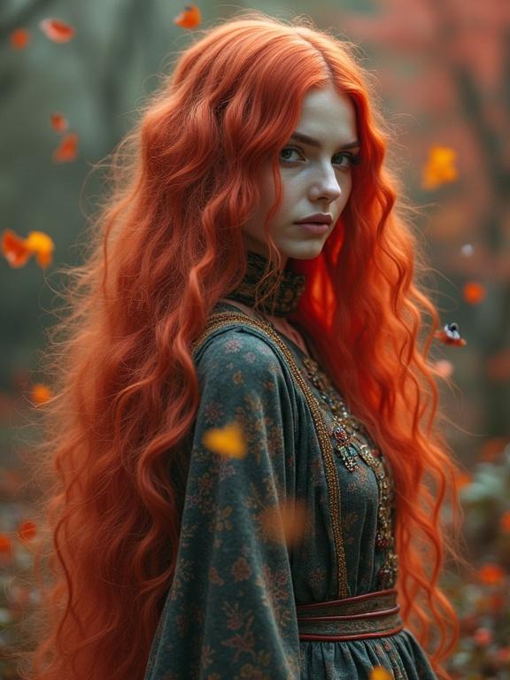 A beautiful woman with long red hair in a fantasy setting. Background colors blend with her appearance. Atmosphere feels magical and surreal. The scene gives a retro impression.