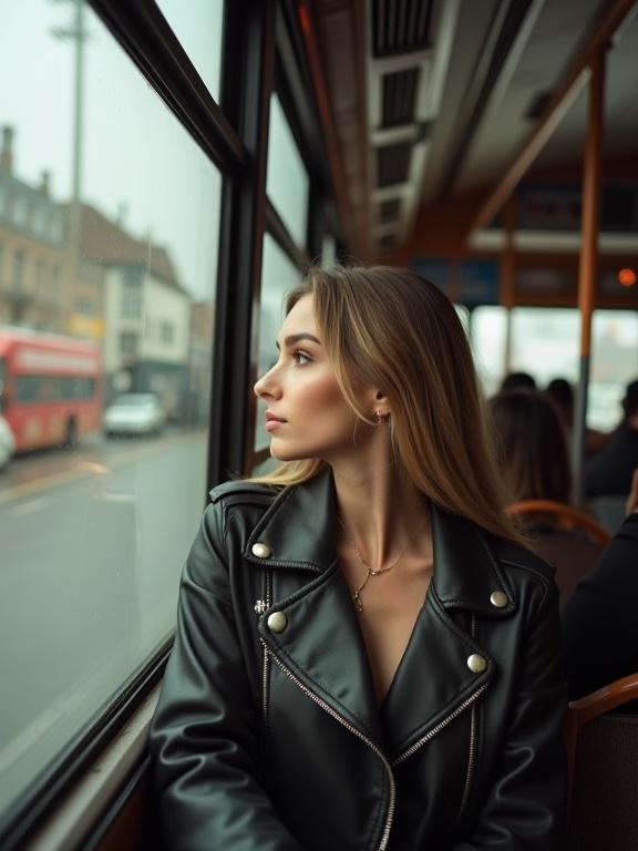 Candid photo of a woman in a bus looking outside. She wears a black leather jacket. Bus interior view includes blurred cityscape in the background.