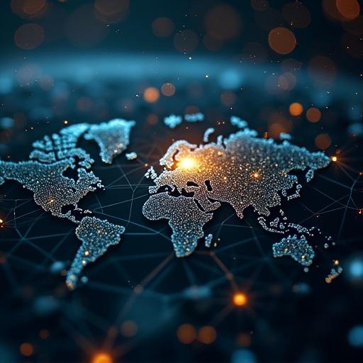 A digital world map made of glowing points and lines. The map highlights various continents with light. Background features a dark theme with sparkling elements to suggest technology.
