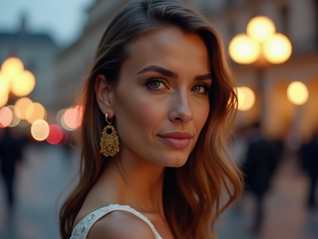 This image features a close-up portrait of a woman with flowing hair and elegant earrings. She is gazing directly at the camera, with a soft smile that evokes confidence and beauty. The background is filled with warm, blurred lights, creating a dreamy and enchanting atmosphere. The woman's makeup is natural, highlighting her features. The overall mood of the image is stylish and sophisticated, suitable for fashion or beauty contexts.