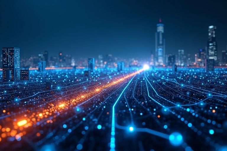 Vast digital network scene with glowing bits racing towards destination, features processing units in endless expanse, interconnected by bright data highways, LED lights create a vibrant atmosphere, blue and orange glow enhances futuristic feel, representation of modern technology and digital communication.