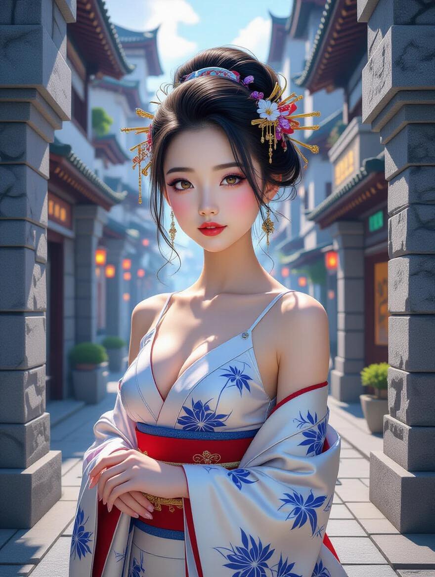 A youthful Japanese girl stands in a futuristic cityscape. She wears a beautiful kimono with floral patterns. Her hair features intricate traditional elements. The surroundings feature stone architecture and neon lights. The city blends past and future. Her skin is smooth; her lips are vibrant. The lighting emphasizes warmth and energy. Her clothing merges tradition with modern design. The atmosphere suggests stories and hidden meanings.