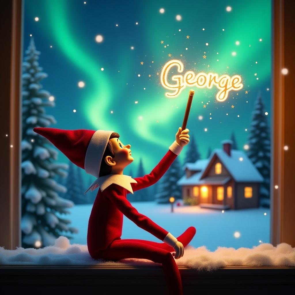 An elf on the shelf sits with its back to the viewer, gazing skyward. It holds a glowing wand that emits sparkling light. The background showcases a charming Christmas scene with colorful northern lights swirling above. In the distance, a cozy house can be seen, decorated for the holidays. Snow covers the ground, adding to the winter atmosphere. The elf is in a playful position, embodying the spirit of magic and wonder associated with Christmas. The name ‘George’ is written in the air using the wand, creating a sense of holiday cheer.