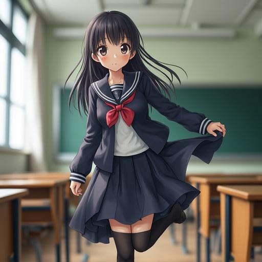 Japanese girl wears a school uniform with a skirt lifting in a classroom with wind. Focus on a single girl standing with a bow tie. Bright classroom background.
