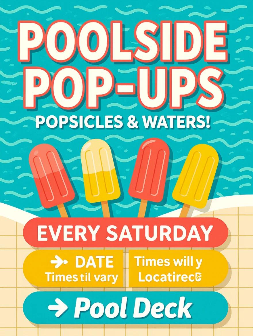 Create a vibrant, eye-catching flyer for Poolside Pop-Ups event. Popsicles and waters are featured. Event occurs every Saturday at the pool deck. Event timings will vary.