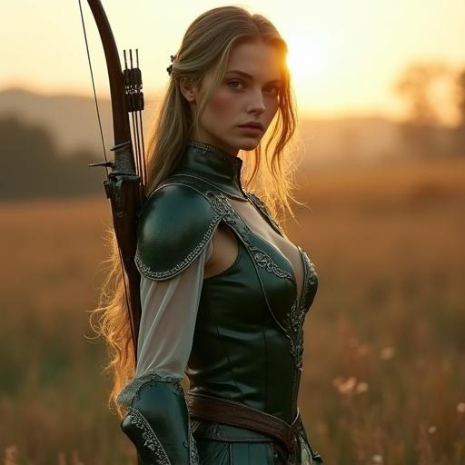 A highly skilled female scout named Mira stands confidently alone in a medieval fantasy training ground. She wears fitted leather armor with silver filigree and sheer fabric that accentuates her arms. The neckline reveals her collarbone and upper chest in an artistic manner. Her armor is paired with high-slit leather leggings. Long hair tinged with green cascades softly over her shoulder. A shortbow is on her back and traps hang at her hip. The scene is bathed in golden dusk light, enhancing her beauty and grace.