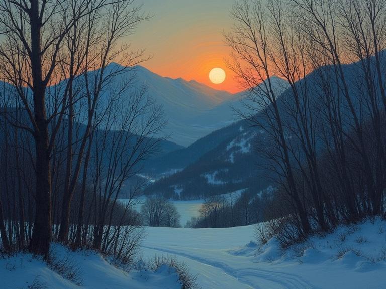 Painting of a winter landscape at twilight. Sunsets behind distant mountains. The scene features snow-covered ground. Trees with bare branches frame the view. The atmosphere is tranquil and inviting. Earthy tones create a serene mood.