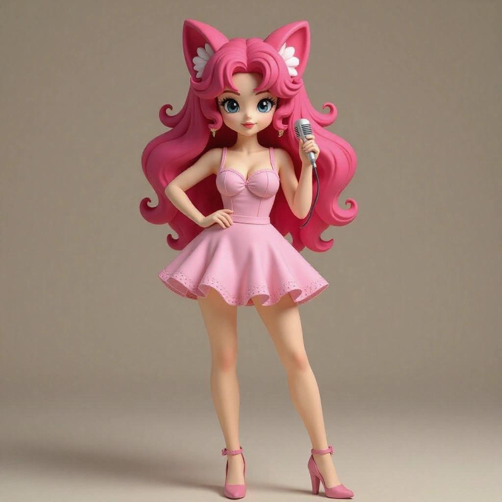 Adult female figure inspired by Jigglypuff. Realistic, elegant, curvy body with human proportions. Natural feminine face. Long pink hair styled in a high swirl. Short pastel pink dress with soft ruffles. Rounded ears integrated into hairstyle and short pink tail. Holding a microphone. Standing on a solid base with musical notes, designed for 3D resin sculpture.