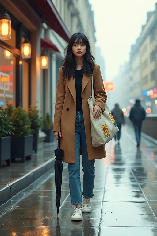Independent female character walks in a rainy urban street. The character wears a long coat straight jeans and white sneakers. She carries a closed umbrella and a canvas tote bag. The setting includes modern cafés and reflections on the rain-soaked pavement.