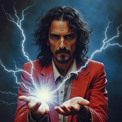 Musician in red suit with curly hair holding hands out. Lightning emanates from palms, creating an electric scene. Dramatic expression on face.