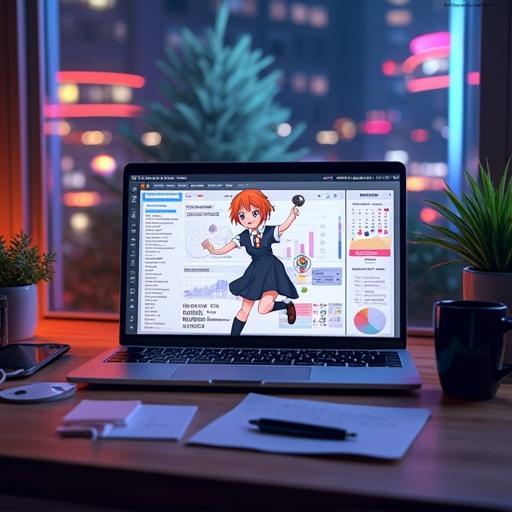 Anime-style illustration of a laptop showing a digital dashboard with charts. Stylized anime girl with short orange hair smiling in the center. Wearing a dark grey jumper dress and white top. One leg raised, holding a microphone. Wooden table with keyboard, mouse, sticky notes, and pen. Black coffee mug in background. Neon-lit futuristic setting. Overall colorful and energetic vibe.