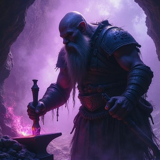 Double exposure silhouette of Kherab the dwarven artificer in caves. Darkforge setting with malevolent vibes. Dwarf hammering steel with a purple aura of chaos. Chuckling ominously.
