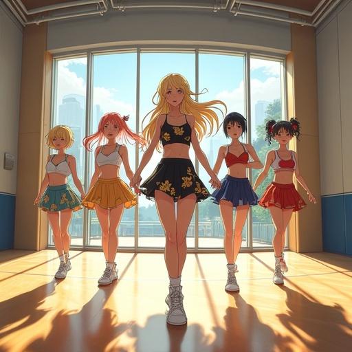 Anime scene set in a modern luxury gymnasium at Aquamarie Setsuka Kamakiri Academy. Students dressed in stylish athletic outfits participate in physical education during a sunny morning. The environment showcases a high-tech aesthetic with light gold and onyx black color themes. Features a backdrop of a red cherry blossom city.