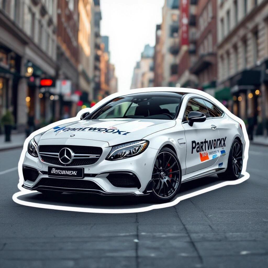 Create a sticker design featuring a Mercedes Benz with 'Partworx' branding. Image depicts a stylish white car on an urban street. The design highlights the sporty features of the vehicle.