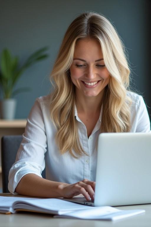 Woman with long blonde hair sitting at desk. She is using a laptop with a joyful expression. Background features an indoor plant and modern office decor. Light falling onto her work area adds a warm ambiance. Notebook is open on the table beside her.