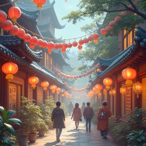 Image shows a cozy traditional market scene with red lanterns. Soft evening light brightens the alley filled with plants. People stroll, enjoying the festive decorations. Peaceful atmosphere evokes cultural charm.