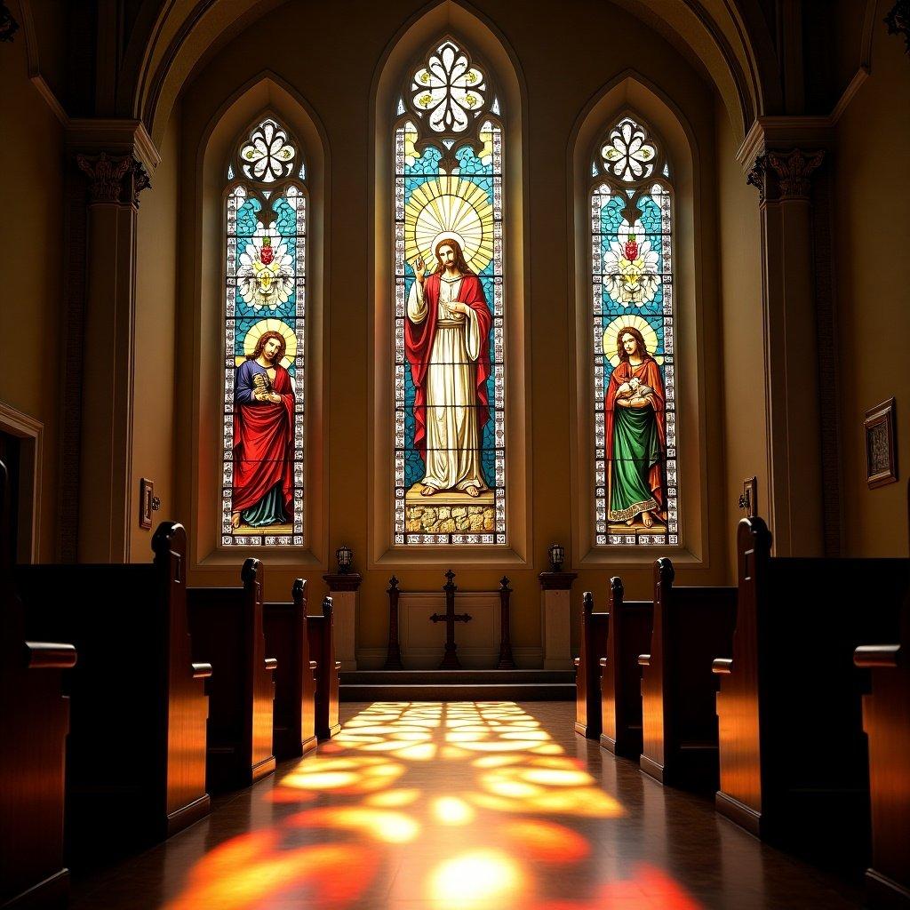 Interior of a church with colored stained glass windows. Jesus depicted in various scenes. The light casts beautiful patterns on the floor.