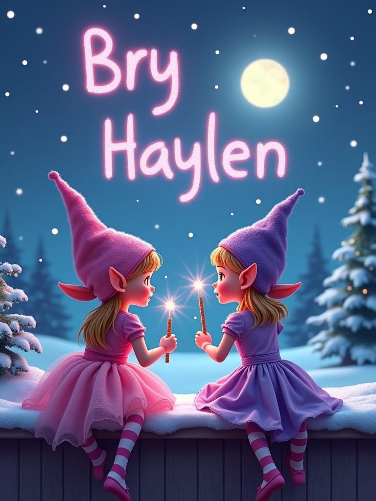 Two elves on a shelf hold magical wands. One wears a pink dress, the other a purple dress. They sit against a snowy landscape under a bright moon. The names 'Bryleigh' and 'Haylen' glow in the sky.