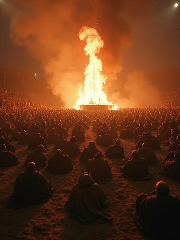 A low-angle wide shot reveals an empty altar with intense flames. A vast crowd is seen falling to the ground, faces pressed into the dirt. Terror and awe mix in their expressions. The air fills with smoke and a holy glow from the fire. The image captures powerful mass submission.