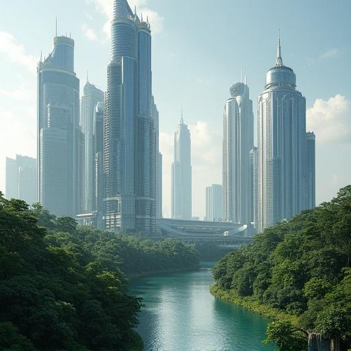 Massive buildings with unique architectural shapes. Towers rise high surrounded by abundant greenery and a scenic river.