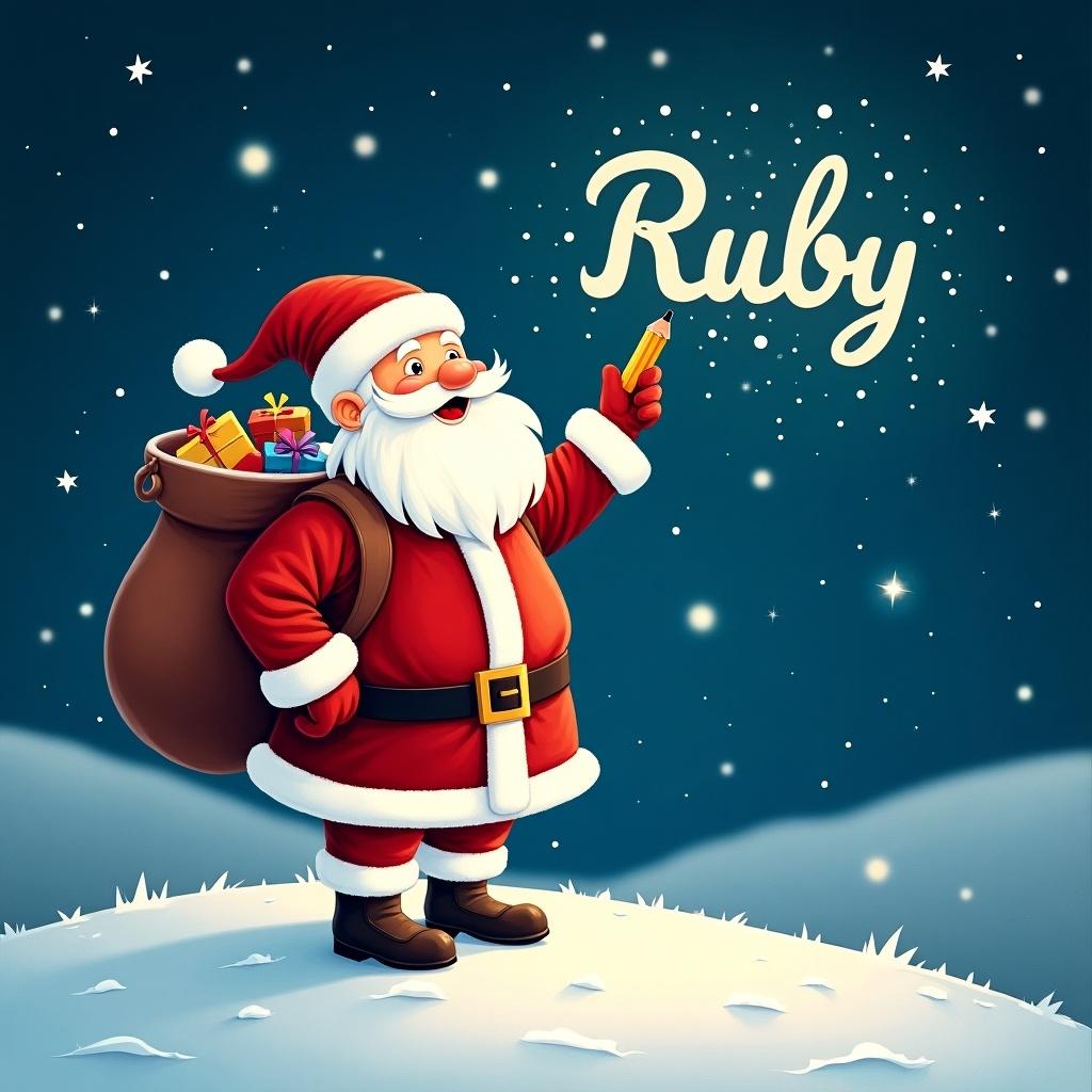 Magical winter scene with Santa Claus on snowy hill at night. Santa holds a pencil, looking up. He wears traditional red and white suit with a sack of gifts. Twinkling stars surround him, and the name 'Ruby' is in whimsical font.