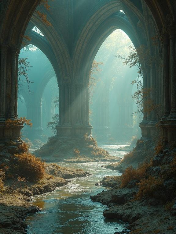 Large dreamland in creative spaces filled with gothic arches and serene streams. Ethereal light filters through with mist and golden foliage.