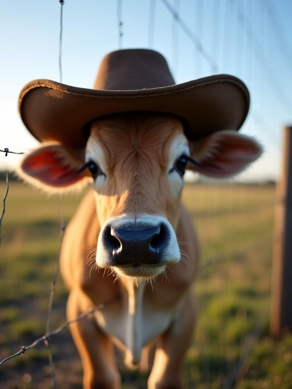 Whimsical image of a young calf wearing a cowboy hat.