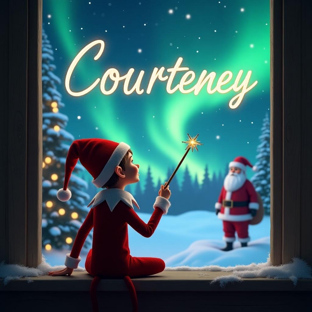 This image features an enchanting Christmas scene. An elf on the shelf is seen seated with their back to the viewer, facing the sky. They are holding a wand and writing 'Courteney' in sparkling letters. In the background, a beautiful display of northern lights creates a magical atmosphere. Santa Claus is also present, adding to the festive feel of the illustration. It's a whimsical representation of holiday joy and wonder.