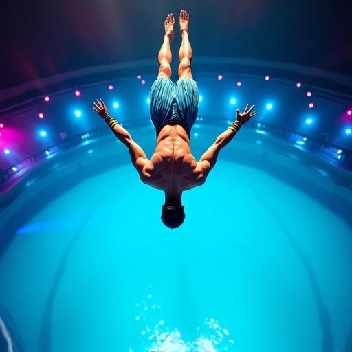 Male diver frozen in mid-air in indoor aqua theater. Viewed from top-down angle diving towards glowing water pool. Vibrant aqua magenta blue stage lights illuminate scene. Athletic body in elegant pose with costume resembling water. Armbands add drama. No audience distractions, emphasizing diver and water performance.