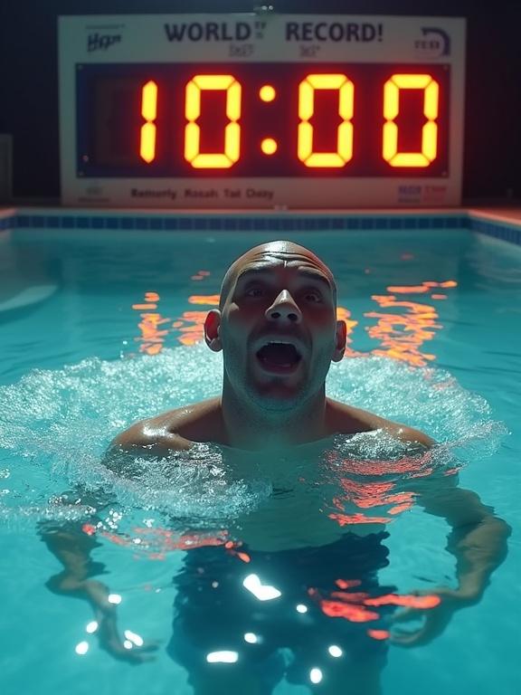 Man floating in freezing cold water for 1 hour. Deep swimming pool with dramatic facial expression of shock. Floating ice and visible cold breath. Giant countdown timer showing 1:00:00. Intense lighting and bold red and yellow text: 'WORLD RECORD!'. Epic challenge style. Ultra-realistic scene with an eye-catching background.