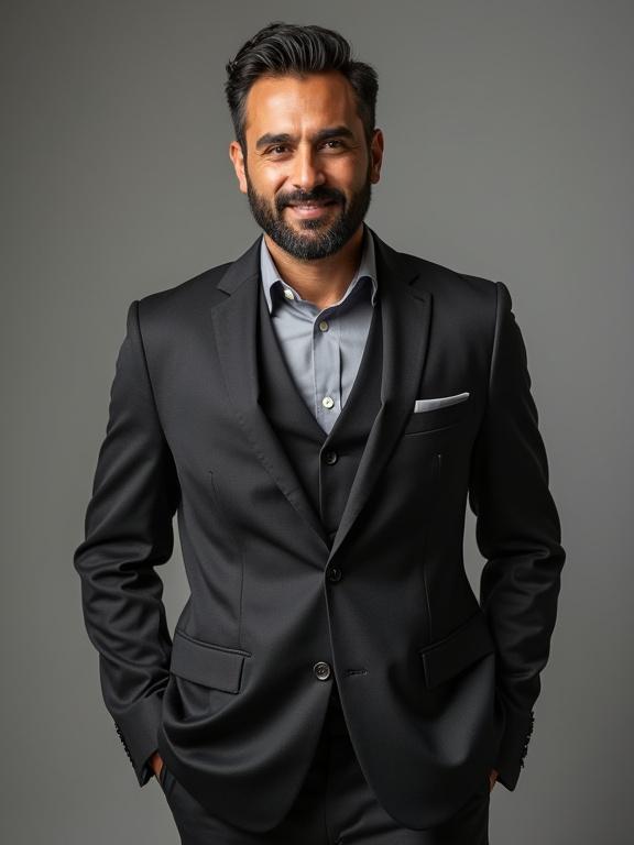 A confident well-groomed man poses for the camera. He showcases modern fashionable clothing. This image represents a premium clothing brand campaign.