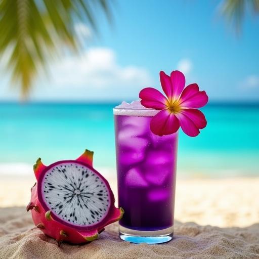 Vibrant purple cocktail with a flower set on a sandy beach. A cut dragon fruit in the foreground. Beautiful tropical ambiance with ocean background.