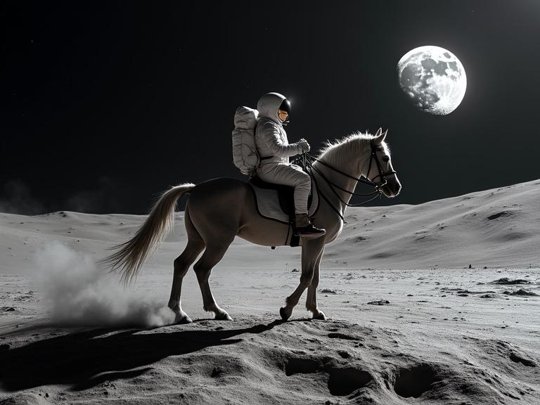 Astronaut riding a horse on the Moon's surface. Dramatic setting with a large moon in the background.