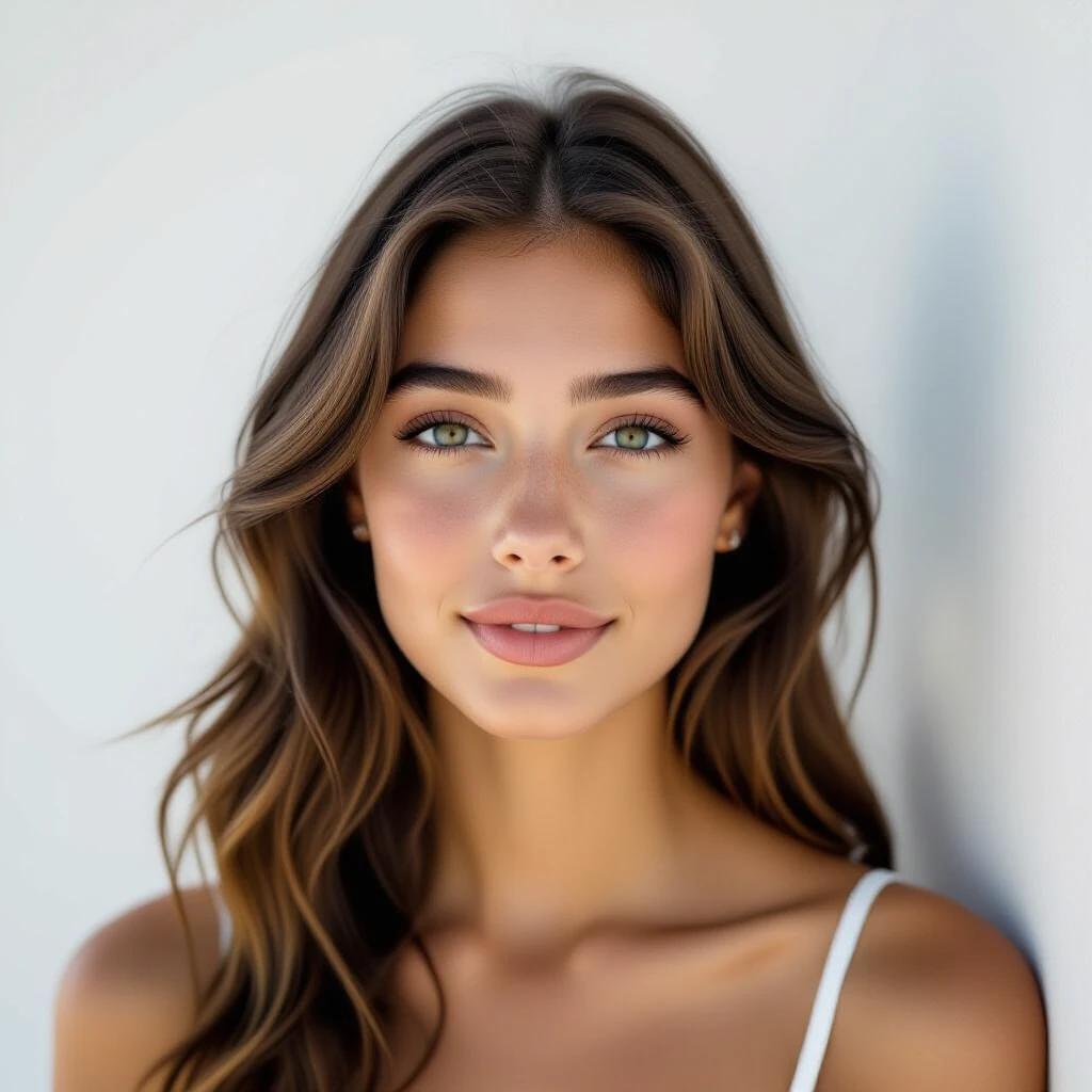 A 19-year-old young woman with long wavy light brown hair. She has expressive blue eyes. The background is white walls. Natural light enhances her delicate features and warm skin tone. She looks directly at the camera with a sincere expression. Vertical format style. Cinematic and realistic.