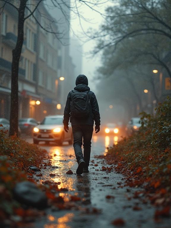 A person walking alone on a foggy urban street. Streetlights glow softly in the background. Wet pavement reflects the lights. Fallen leaves are scattered on the ground.