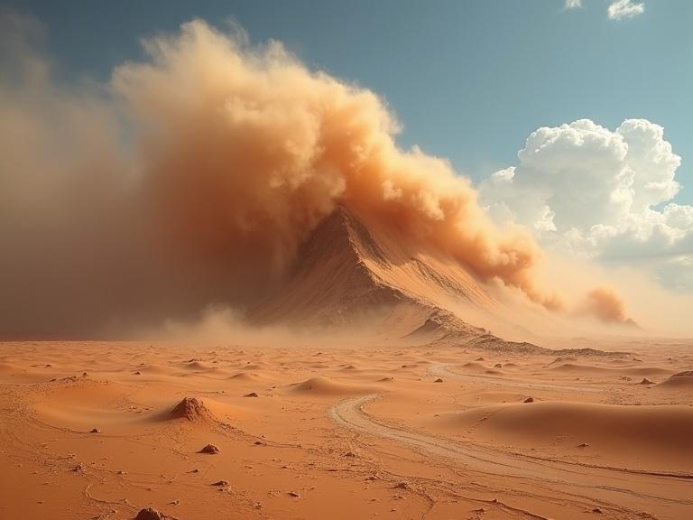 A desert storm flows in the Sahara. A towering sandstorm rises above orange sand dunes under a blue sky with clouds. The landscape appears vast and dramatic.