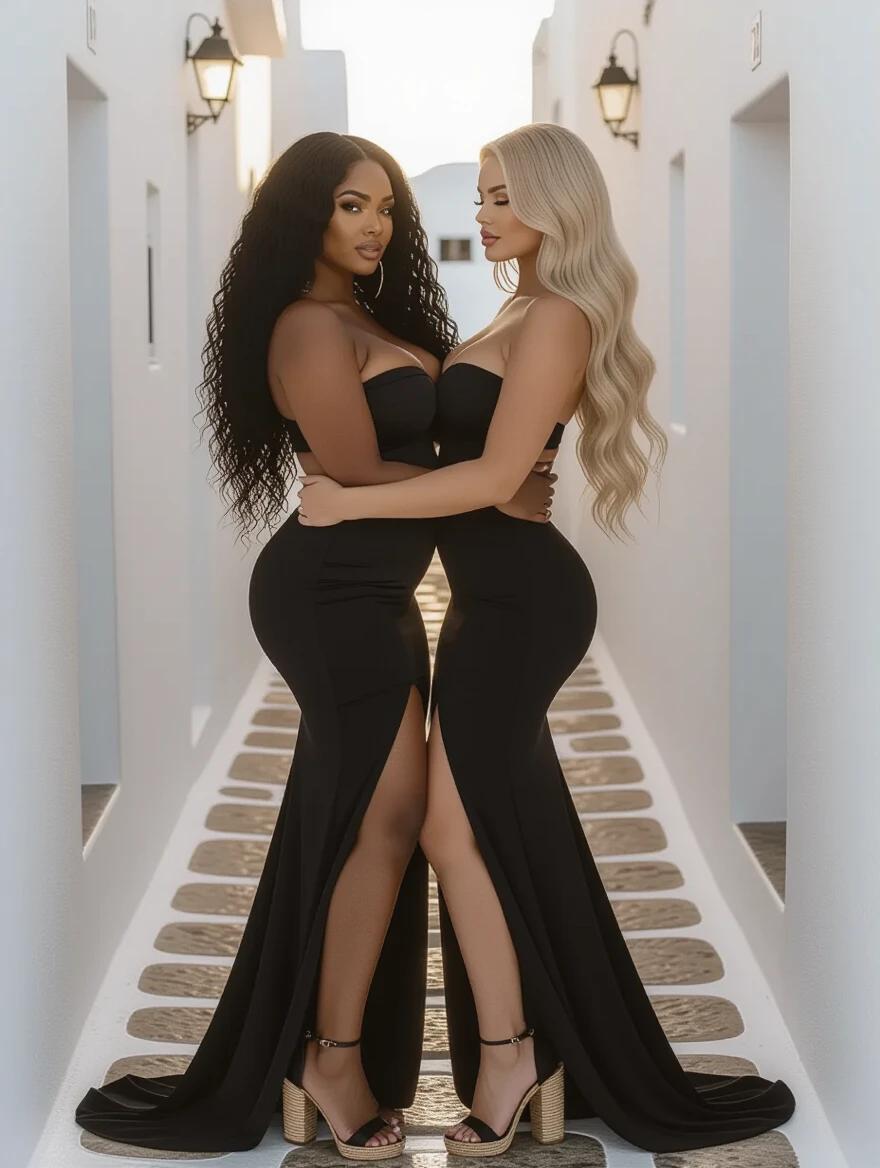 Two women embrace in a Mykonos alley. One woman has long curly black hair and dark skin. The other has long wavy blonde hair and light skin. Both wear tight black bandage dresses. The photo was taken at sunrise.